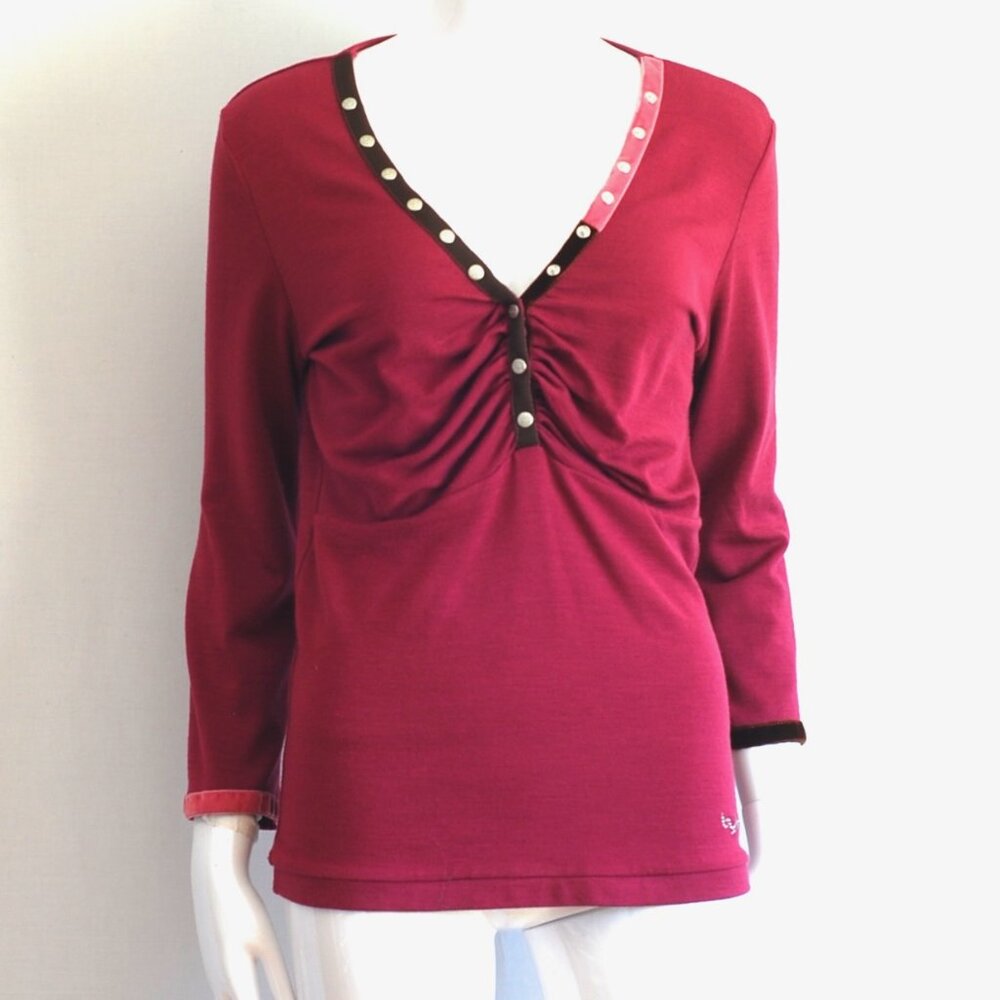 Byblos Knit Top With Velvet Ribbon Trim & Snaps - Italy
